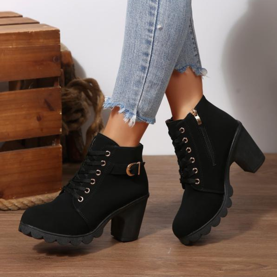 Chic Lace-Up Metal Buckle Chunky Ankle Boots