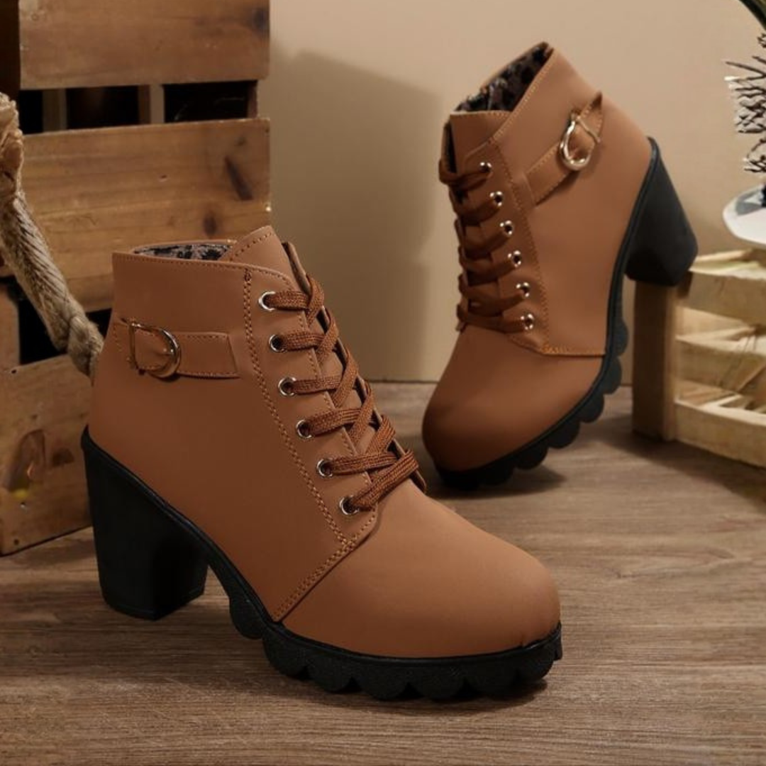 Chic Lace-Up Metal Buckle Chunky Ankle Boots