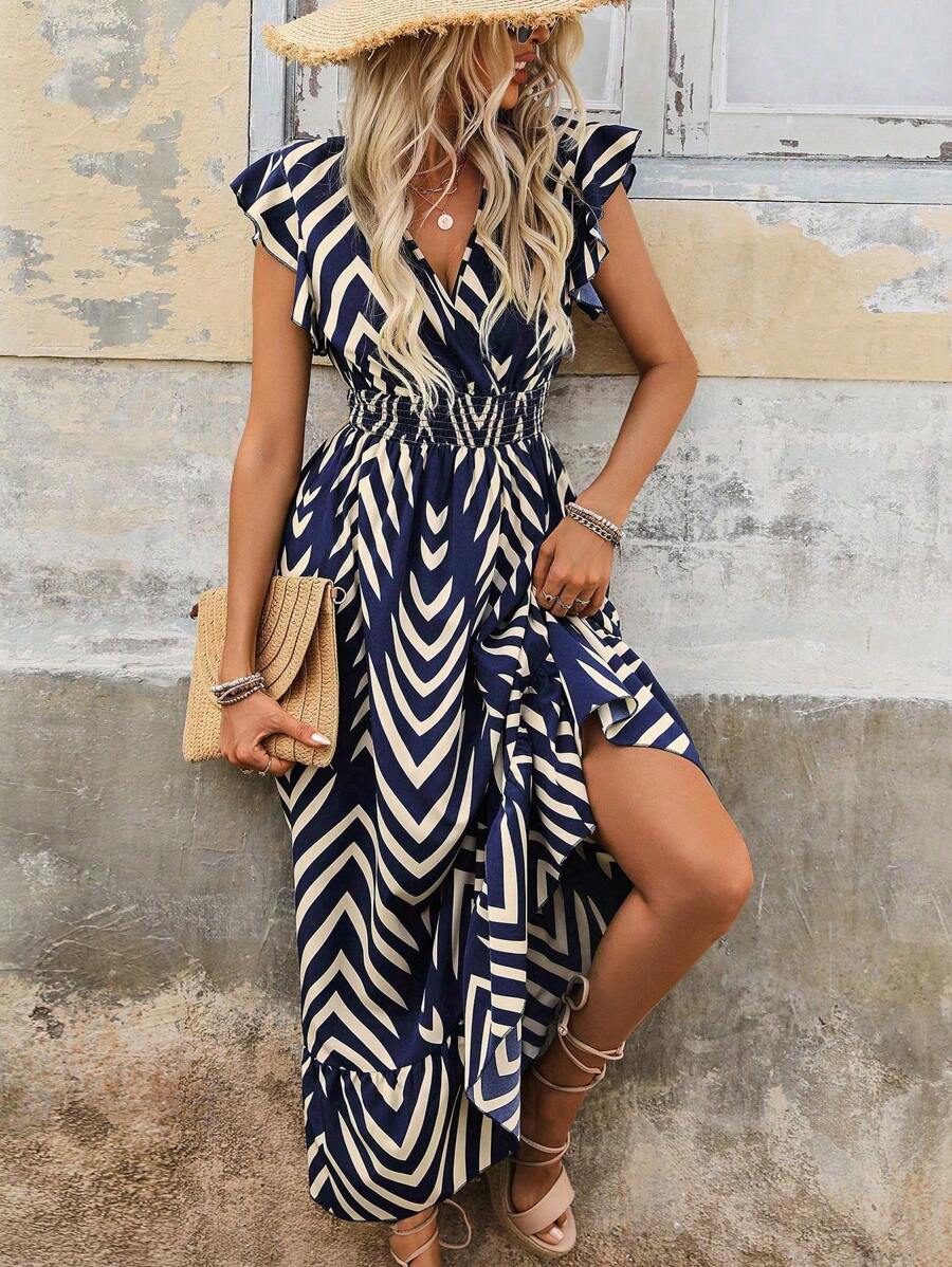 Geometric Maxi Dress with Belt and V-Neckline