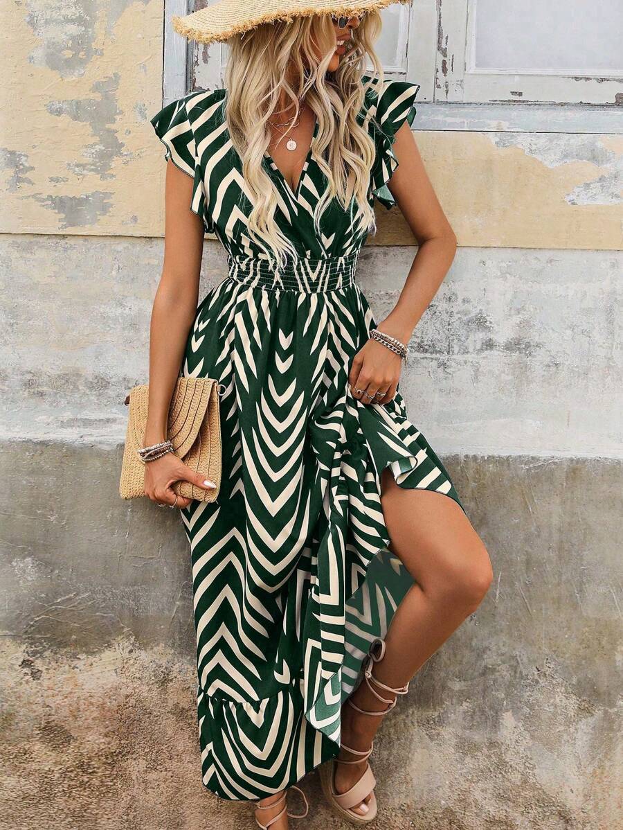 Geometric Maxi Dress with Belt and V-Neckline