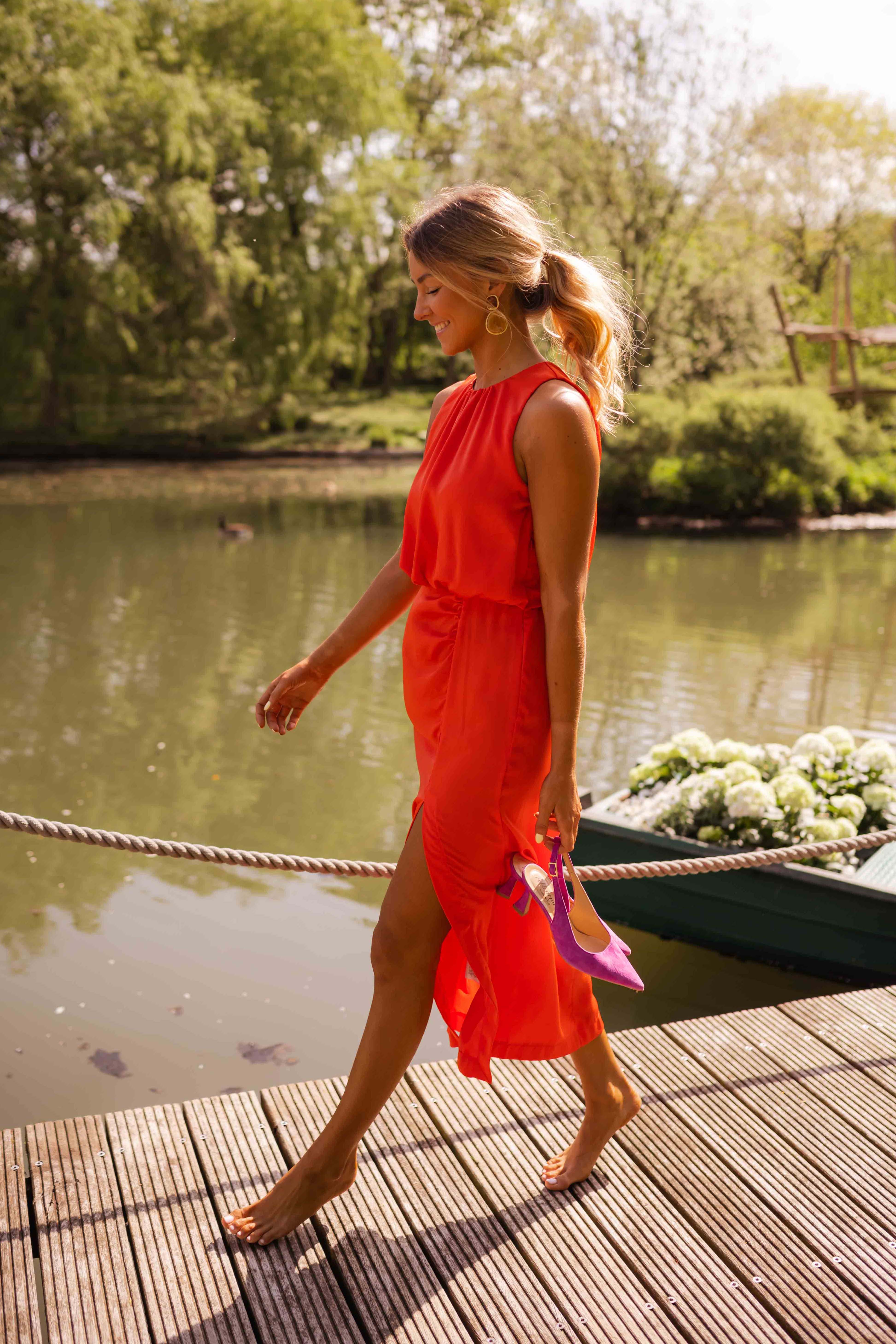 Radiant Grace – Midi Dress in Sunset Orange
